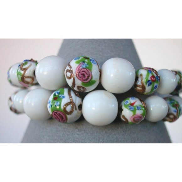 Hand-Painted Porcelain Bead Jewelry Set: Necklace 16" Bracelet Size 6 & Screwbac - Picture 2 of 5